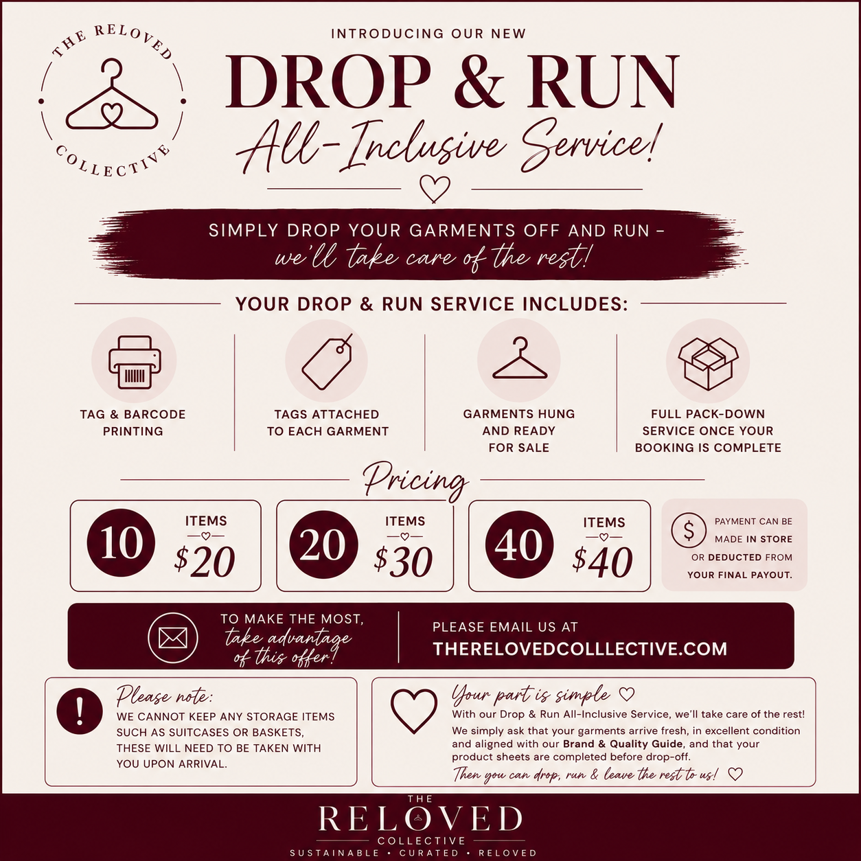 Drop & Run All-Inclusive Service flyer — includes tag and barcode printing, tags attached to each garment, garments hung ready for sale, and full pack-down. Pricing: $20 for 10 items, $30 for 20 items, $40 for 40 items.