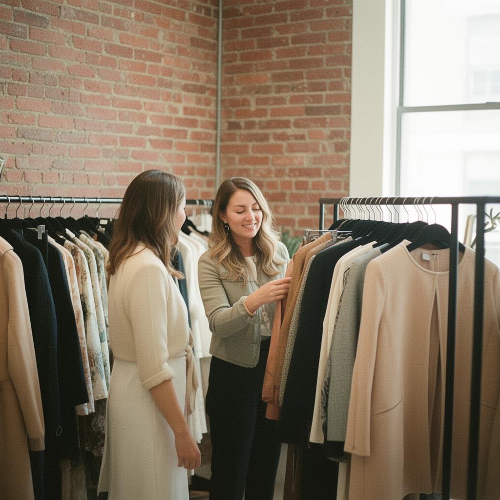A black rack of mixed preloved garments against a red-brick wall