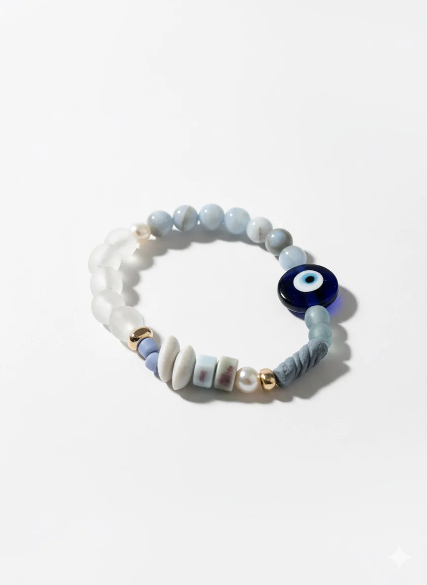 Taila Danae blue beaded bracelet with evil eye charm